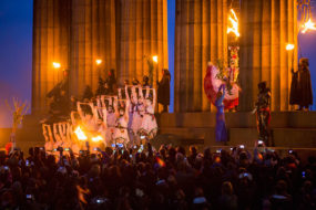 Revellers and performers at the Beltane Fire Festival on Calton Hill, Edinburgh
